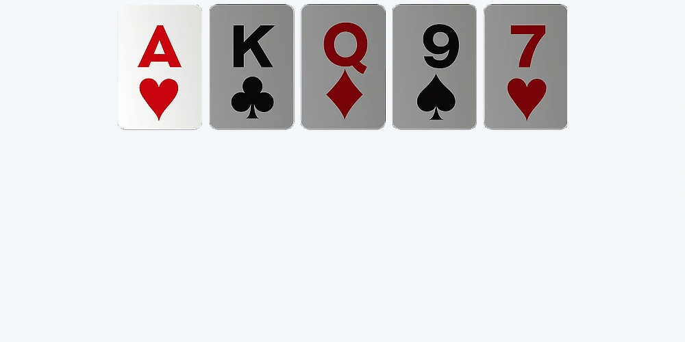 High card poker hand with ace king queen nine and seven cards