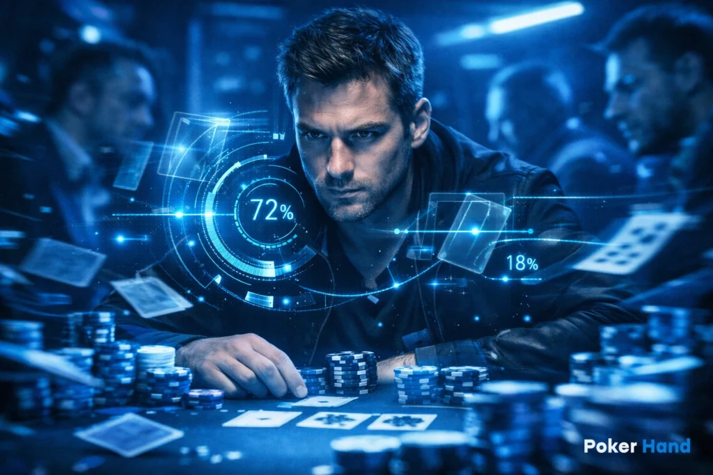 Poker player analyzing hand odds with digital statistics overlay, showing winning