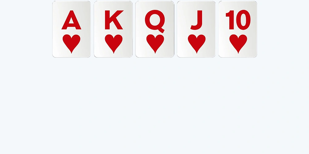 Royal flush poker hand with ace king queen jack ten of hearts