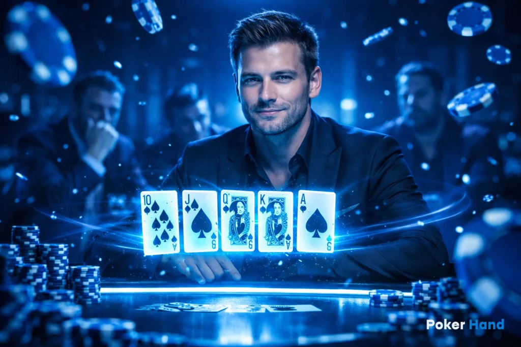 Poker player showing royal flush hand with glowing cards and casino background