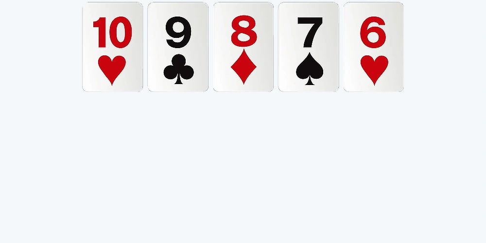 Straight poker hand with five sequential cards ten nine eight seven six
